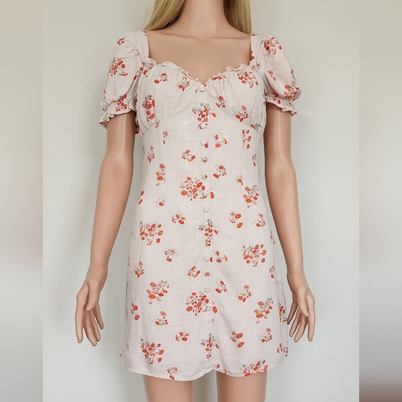 BARDOT FLORAL BEIGE SMOCKED COTTON CAP SLEEVES MINI SHORT SEXY DRESS 6 SMALL - Picture 11 of 14